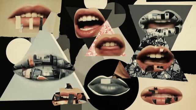 Abstract collage of lips and geometric shapes, showcasing diverse expressions against a textured background