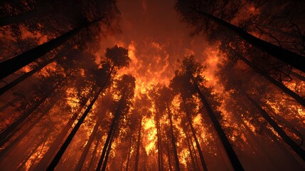 Massive Inferno Devours a Dense Woodland as Vibrant Towering Flames Climb to the Heavens in an Ominous Display