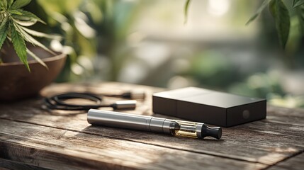 Contemporary Sleek Vaporizer Pen with THC Cartridge and Cable on a Refined Wooden Table Capturing Tranquility and Modern Sophistication