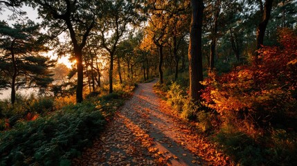 Obraz premium Autumnal path through a sun-drenched forest