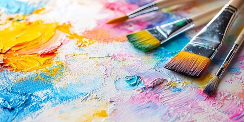 Obraz premium Vibrant Palette: Close-Up of Paintbrushes on Colorful Abstract Oil Painting