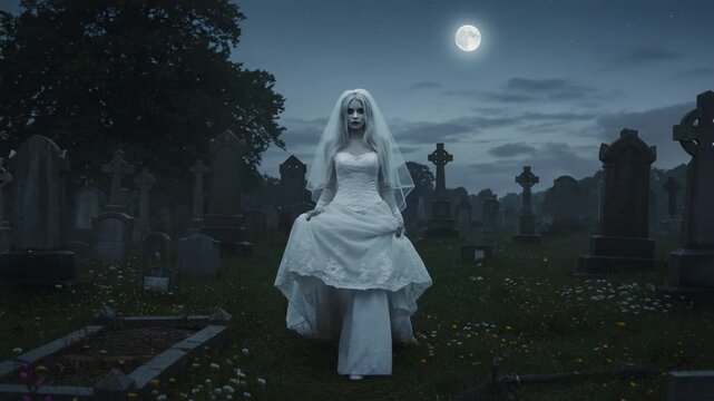 A haunting figure emerges from the shadows in a graveyard, draped in a flowing white gown under a full moon, surrounded by ancient gravestones and an eerie atmosphere.