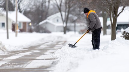 Naklejka premium Man shoveling snow on a residential street during winter, with houses and trees in the background
