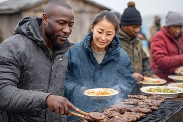 Volunteers grilling hamburgers and serving food to refugees