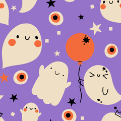 Cute halloween seamless pattern ghost vector pumpkin characters spooky backdrop for wrapping paper, poster, cartoon autumn fall print set. Trick or treat childish toddler print