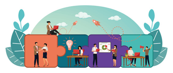 Business concept. Collaborative Business Teamwork with Puzzle and Creative.