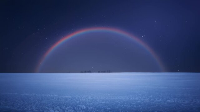 Snowy plain with moonbow and dark tree line at night