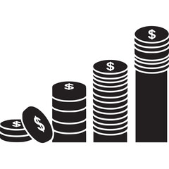 Coin stacks showing financial growth isolated on white background, representing investment success, wealth accumulation, and economic progress in a simple and minimal design