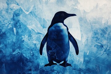 Naklejka premium Abstract ice texture with a blue color, a penguin silhouette