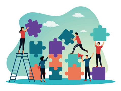 Business concept. Team collaborative Stacking Puzzle Blocks.