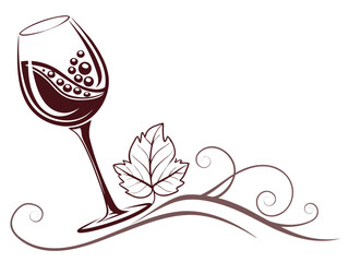 Elegant Black and White Wine Glass with Grapes and Vines , A stylized, black and white graphic of a wine glass surrounded by grape vines and swirls. 