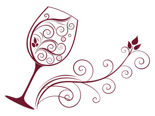 Elegant Black and White Wine Glass with Grapes and Vines , A stylized, black and white graphic of a wine glass surrounded by grape vines and swirls. 