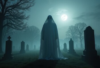 A ghostly figure in a white sheet stands amidst a misty graveyard under a full moon.