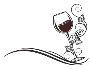 Elegant Black and White Wine Glass with Grapes and Vines , A stylized, black and white graphic of a wine glass surrounded by grape vines and swirls. 