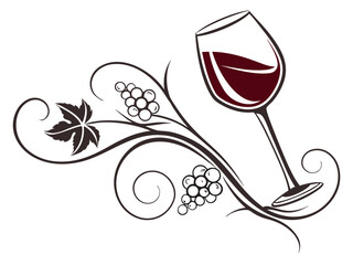 Elegant Black and White Wine Glass with Grapes and Vines , A stylized, black and white graphic of a wine glass surrounded by grape vines and swirls. 