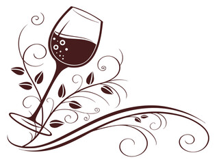 Elegant Black and White Wine Glass with Grapes and Vines , A stylized, black and white graphic of a wine glass surrounded by grape vines and swirls. 