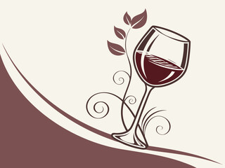 Elegant Black and White Wine Glass with Grapes and Vines , A stylized, black and white graphic of a wine glass surrounded by grape vines and swirls. 