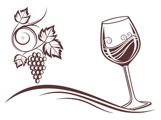 Elegant Black and White Wine Glass with Grapes and Vines , A stylized, black and white graphic of a wine glass surrounded by grape vines and swirls. 