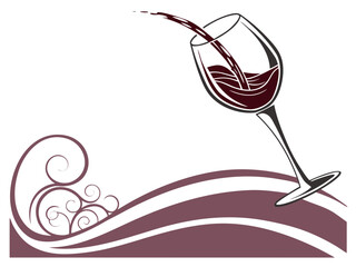 Elegant Black and White Wine Glass with Grapes and Vines , A stylized, black and white graphic of a wine glass surrounded by grape vines and swirls. 