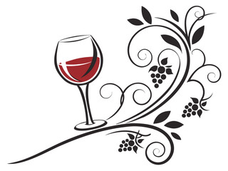 Elegant Black and White Wine Glass with Grapes and Vines , A stylized, black and white graphic of a wine glass surrounded by grape vines and swirls. 
