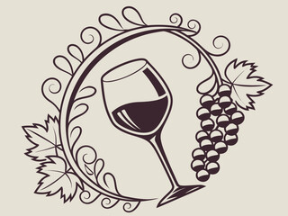 Elegant Black and White Wine Glass with Grapes and Vines , A stylized, black and white graphic of a wine glass surrounded by grape vines and swirls. 