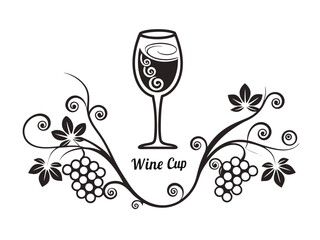 Elegant Black and White Wine Glass with Grapes and Vines , A stylized, black and white graphic of a wine glass surrounded by grape vines and swirls. 