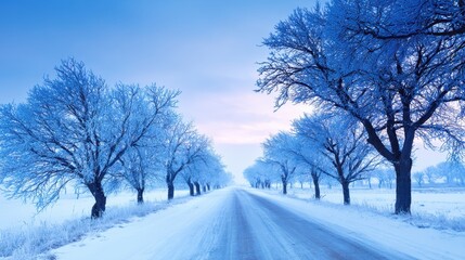 Obraz premium Serene winter landscape featuring a snow-covered road lined with frosted trees under a pastel sky