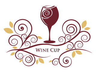 Elegant Black and White Wine Glass with Grapes and Vines , A stylized, black and white graphic of a wine glass surrounded by grape vines and swirls. 