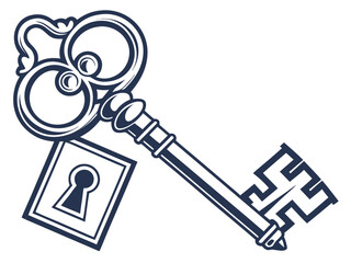 Vintage Key and Padlock, a symbol of security and secrets. A stylized, graphic illustration of an antique key and padlock, evoking a sense of security, secrecy, and history.