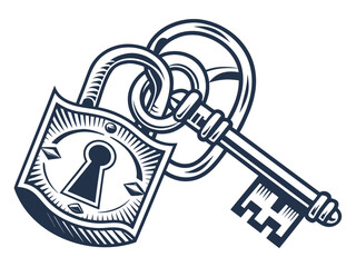 Vintage Key and Padlock, a symbol of security and secrets. A stylized, graphic illustration of an antique key and padlock, evoking a sense of security, secrecy, and history.