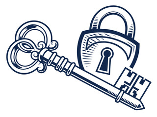 Vintage Key and Padlock, a symbol of security and secrets. A stylized, graphic illustration of an antique key and padlock, evoking a sense of security, secrecy, and history.