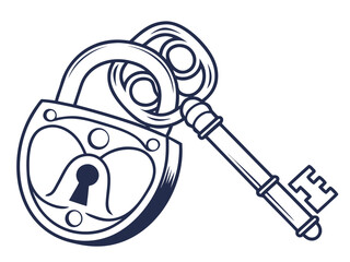 Vintage Key and Padlock, a symbol of security and secrets. A stylized, graphic illustration of an antique key and padlock, evoking a sense of security, secrecy, and history.