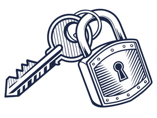 Vintage Key and Padlock, a symbol of security and secrets. A stylized, graphic illustration of an antique key and padlock, evoking a sense of security, secrecy, and history.