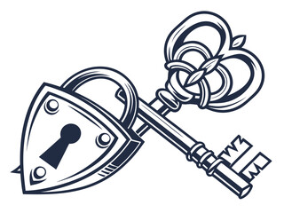 Vintage Key and Padlock, a symbol of security and secrets. A stylized, graphic illustration of an antique key and padlock, evoking a sense of security, secrecy, and history.