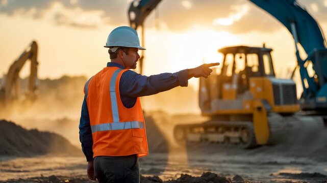 Male construction worker in orange vest and helmet directing work at dusty site with large excavators in background