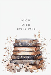 Watercolor painting of a stack of vintage books surrounded by flowers, with the inspirational quote grow with every page promoting reading and personal growth.