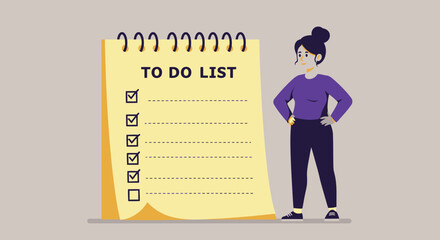 A woman standing next to a large todo list with several tasks already checked off, indicating progress and accomplishment in managing her schedule