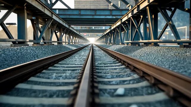 Symmetrical closeup view of long railway tracks with gravel stones under metal bridge structure in perspective angle