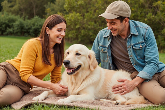 Caucasian young adult woman and Caucasian young adult man sitting on grass smiling and petting Golden Retriever dog outdoors, both looking at dog, relaxed interaction