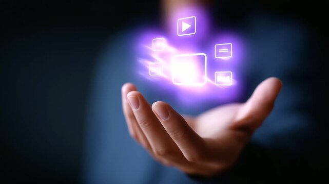 Futuristic holographic icons transforming creative content workflow, highlighting design innovation, smart collaboration, automation, digital tools and modern productivity.