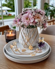 Stylish vase with layered gold necklaces high resolution picture