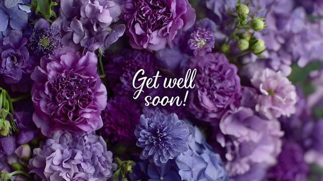 Serene decorative arrangement of purple floral elements with a warm Get well soon note intricately blended into a textured backdrop, exuding comforting details and intended for gentle healing vibes