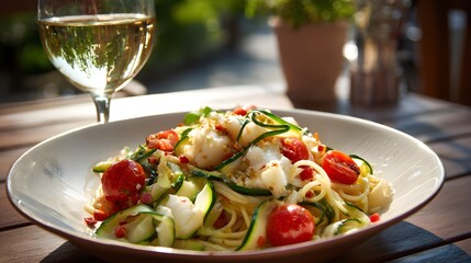 Gourmet Spaghetti Bowl with Cod and Zucchini: A Refreshing Lunch Delicacy in a Casual Setting
