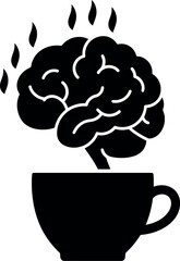 Black silhouette of a human brain emerging from a coffee cup with steam rising symbolizing mental stimulation and focus from caffeine