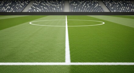 Fototapeta premium A perfectly manicured green football pitch with the center circle marking on a pristine turf in an empty professional sports stadium.