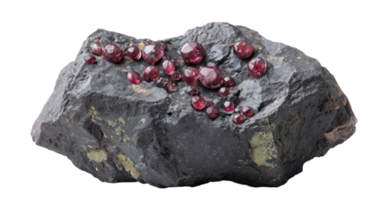 Dark rock cluster with vibrant red gems
