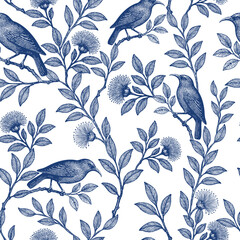 Blue birds on branches repeat across white, forming a clean, elegant nature-inspired floral pattern