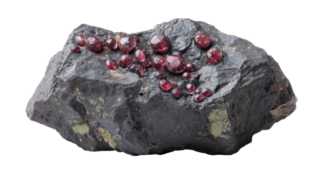 Dark rock cluster with vibrant red gems