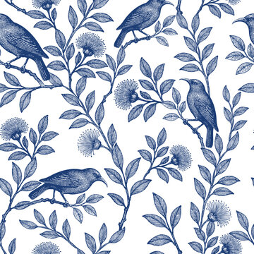 Blue birds on branches repeat across white, forming a clean, elegant nature-inspired floral pattern