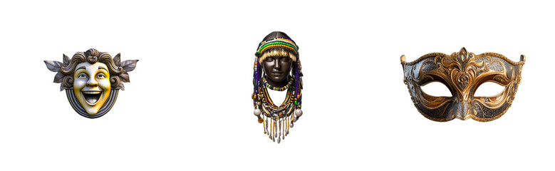 Festive masquerade mask and African inspired beaded headdress displayed on black, cut out transparent
